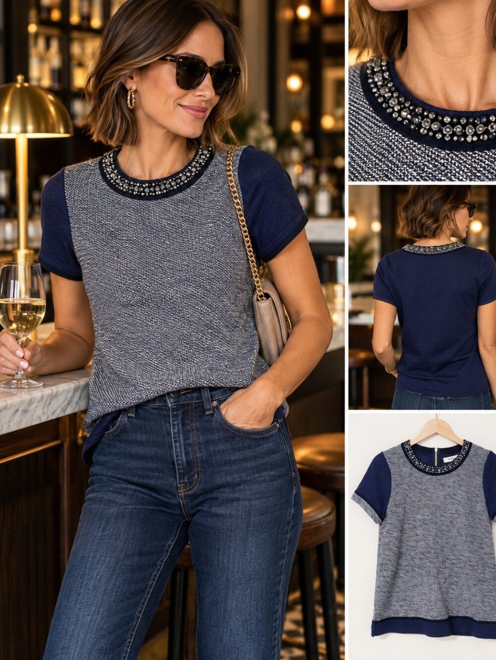 Madewell  mixed material short sleeve Jeweled embellished collar top size small